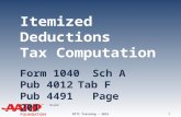 TAX-AIDE Itemized Deductions Tax Computation Form 1040Sch A Pub 4012Tab F Pub 4491 Page 201 NTTC Training – 2013 1