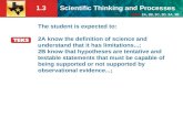 1.3 Scientific Thinking and Processes TEKS 2A, 2B, 2C, 2D, 3A, 3B The student is expected to: 2A know the definition of science and understand that it.