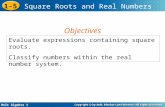 Holt Algebra 1 1-5 Square Roots and Real Numbers Evaluate expressions containing square roots. Classify numbers within the real number system. Objectives.