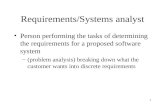 1 Requirements/Systems analyst Person performing the tasks of determining the requirements for a proposed software system –(problem analysis) breaking.