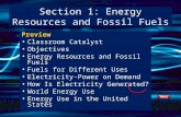 Section 1: Energy Resources and Fossil Fuels Preview Classroom Catalyst Objectives Energy Resources and Fossil Fuels Fuels for Different Uses Electricity-Power.