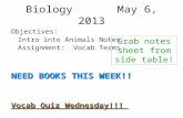 BiologyMay 6, 2013 Objectives: Intro into Animals Notes Assignment: Vocab Terms NEED BOOKS THIS WEEK!! Vocab Quiz Wednesday!!! Grab notes sheet from side.