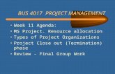 BUS 4017 PROJECT MANAGEMENT Week 11 Agenda: MS Project. Resource allocation Types of Project Organizations Project Close out (Termination) phase Review.