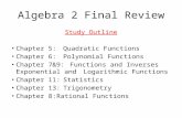 Algebra 2 Final Review Study Outline Chapter 5: Quadratic Functions Chapter 6: Polynomial Functions Chapter 7&9: Functions and Inverses Exponential and.