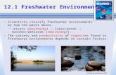 (c) McGraw Hill Ryerson 2007 Scientists classify freshwater environments by how the water moves.  { rivers (fast moving)  lakes/ponds  marshes/wetlands.