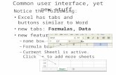 Common user interface, yet new stuff Notice the following: Excel has tabs and buttons similar to Word new tabs: Formulas, Data new features: â€“name box