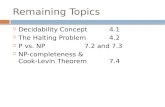 Remaining Topics  Decidability Concept 4.1  The Halting Problem 4.2  P vs. NP 7.2 and 7.3  NP-completeness & Cook-Levin Theorem 7.4.