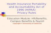 1 Health Insurance Portability and Accountability Act of 1996 (HIPAA) Privacy Rules Education Module: HR/Benefits, Campus Benefits & Payroll Copyright.