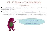 Ch. 12 Notes---Covalent Bonds Covalent Bonds ____________ electrons between two atoms in order to fill the outer energy level (or shell) Each bond involves.