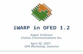IWARP in OFED 1.2 Asgeir Eiriksson Chelsio Communications Inc. April 30, 2007 OFA Workshop, Sonoma.