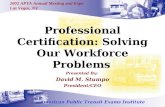 Professional Certification: Solving Our Workforce Problems Presented By: David M. Stumpo President/CEO American Public Transit Exams Institute 2002 APTA.