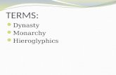 TERMS: Dynasty Monarchy Hieroglyphics. Predynastic Period (3100 BCE- 2650 BCE) Old Kingdom (2650 BCE-2134 BCE) Middle Kingdom (2040 BCE- 1640 BCE) New.