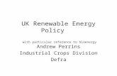 UK Renewable Energy Policy with particular reference to bioenergy Andrew Perrins Industrial Crops Division Defra.