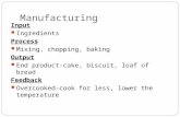 Manufacturing Input Ingredients Process Mixing, chopping, baking Output End product-cake, biscuit, loaf of bread Feedback Overcooked-cook for less, lower