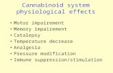 Cannabinoid system physiological effects Motor impairement Memory impairement Catalepsy Temperature decrease Analgesia Pressure modification Immune suppression/stimulation.