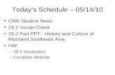 Today’s Schedule – 05/14/10 CNN Student News 29.2 Vocab Check 29.2 Part PPT: History and Culture of Mainland Southeast Asia HW: –29.3 Vocabulary –Complete.