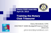 Gary Brendzel, CPA DISTRICT 5300 Budget/Finance Chair 2013-14 gbrendzel@gmail@aol.com District 5300 Assembly April 20, 2013 Training the Rotary Club Treasurer.