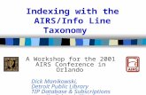 Indexing with the AIRS/Info Line Taxonomy A Workshop for the 2001 AIRS Conference in Orlando Dick Manikowski, Detroit Public Library TIP Database & Subscriptions.