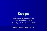 Swaps Finance (Derivative Securities) 312 Tuesday, 5 September 2006 Readings: Chapter 7.