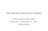 The Boolean Retrieval Model LBSC 708A/CMSC 838L Session 2 - September 11, 2001 Philip Resnik.