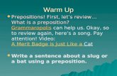 Warm Up  Prepositions! First, let’s review… What is a preposition?  Prepositions! First, let’s review… What is a preposition? Grammaropolis can help.