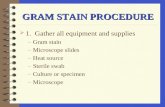 GRAM STAIN PROCEDURE  1. Gather all equipment and supplies –Gram stain –Microscope slides –Heat source –Sterile swab –Culture or specimen –Microscope.