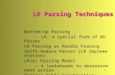 1 LR Parsing Techniques Bottom-Up Parsing - LR: a special form of BU Parser LR Parsing as Handle Pruning Shift-Reduce Parser (LR Implementation) LR(k)