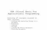 VBA (Visual Basic For Applications) Programming Overview of concepts covered in this section: Finding and replacing things in a document Branching Looping.