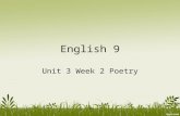 English 9 Unit 3 Week 2 Poetry 1. Eng. 9 Poetry 11/10-11/14 ObjectiveAssignmentsHW MonDefine & identify poetic devices WU: fragments Noes: Poetic Terms.