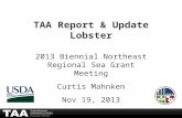 TAA Report & Update Lobster 2013 Biennial Northeast Regional Sea Grant Meeting Curtis Mahnken Nov 19, 2013.