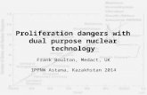 1 Proliferation dangers with dual purpose nuclear technology Frank Boulton, Medact, UK IPPNW Astana, Kazakhstan 2014.
