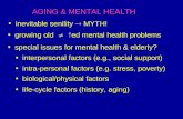 AGING & MENTAL HEALTH inevitable senility  MYTH! growing old   ed mental health problems special issues for mental health & elderly? interpersonal factors.