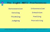 The Eight MBTI ® Preferences Extraversion Sensing Thinking Judging Introversion Intuition Feeling Perceiving Type in Action! © 2002 by Barbara D. Mathews.