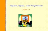 Ratios, Rates, and Proportions Section 1.8. RATIOS A ratio is the comparison of two quantities with the same unit. A ratio can be written in three ways: