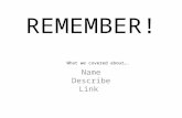 REMEMBER! Name Describe Link What we covered about….