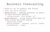 Business Forecasting Used to try to predict the future Uses two main methods: Qualitative – seeking opinions on which to base decision making – Consumer.