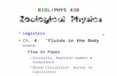 BIOL/PHYS 438 ● Logistics ● Ch. 4: “Fluids in the Body” wrapup  Flow in Pipes ● Viscosity, Reynolds number & Turbulence ● Blood Circulation: Aortas to.