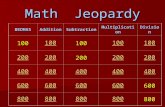 Math Jeopardy BEDMASAdditionSubtractionMultiplicationDivision 100 200 400 600 800.