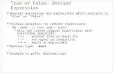True or False: Boolean Expression Boolean expression are expressions which evaluate to "true" or "false“ Primary operators to combine expressions: && (and),