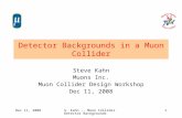 Dec 11, 2008S. Kahn -- Muon Collider Detector Backgrounds 1 Detector Backgrounds in a Muon Collider Steve Kahn Muons Inc. Muon Collider Design Workshop.