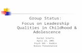 Group Status: Focus on Leadership Qualities in Childhood & Adolescence Rachel Schafts April 23, 2001 Psych 365 – Rodkin Honors Presentation.