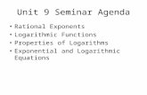 Unit 9 Seminar Agenda Rational Exponents Logarithmic Functions Properties of Logarithms Exponential and Logarithmic Equations