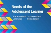 Needs of the Adolescent Learner Kati Schwalbach Courtney Anunson Jake Lange Jessica Sargent.