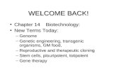 WELCOME BACK! Chapter 14 Biotechnology:Chapter 14 Biotechnology: New Terms Today:New Terms Today: –Genome –Genetic engineering, transgenic organisms, GM.