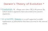 Darwin’s Theory of Evolution * Evolution, is change over time, OR is the process by which modern organisms have descended from ancient organisms.Evolution.