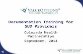 Documentation Training for SUD Providers Colorado Health Partnerships September, 2014.