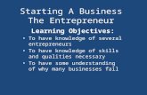 Starting A Business The Entrepreneur Learning Objectives: To have knowledge of several entrepreneurs To have knowledge of skills and qualities necessary.