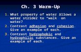 Ch. 3 Warm-Up 1.What property of water allows a water strider to “walk” on water? 2.Contrast adhesion and cohesion. Give an example of each. 3.Contrast.