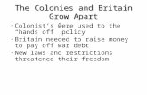 The Colonies and Britain Grow Apart Colonist’s were used to the “hands off” policy Britain needed to raise money to pay off war debt New laws and restrictions.