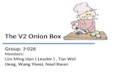 The V2 Onion Box Group: 3-026 Members: Lim Ming Han ( Leader ), Tan Wei Heng, Wang Yiwei, Noel Kwan.